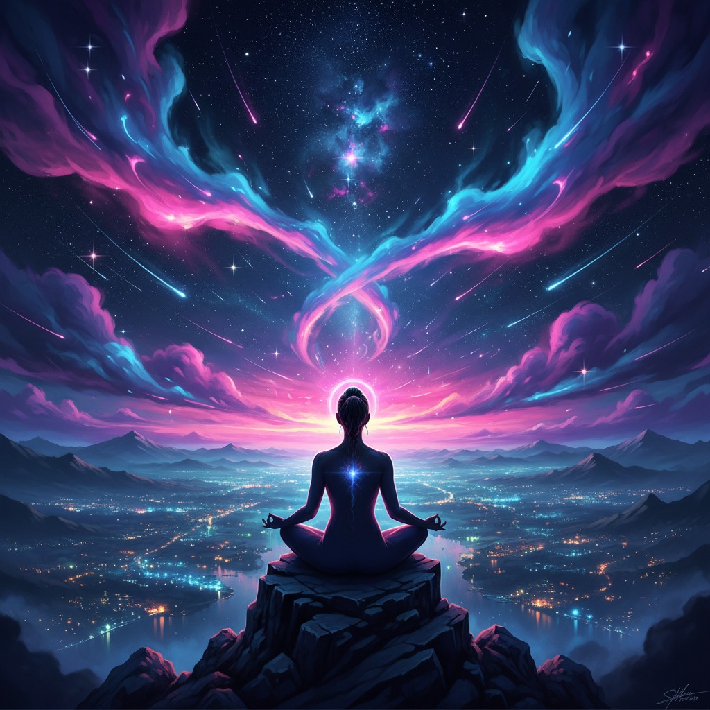 A person meditates in a lotus position on a mountain peak overlooking a glowing city under a vibrant, cosmic sky filled with swirling nebulae and shooting stars.